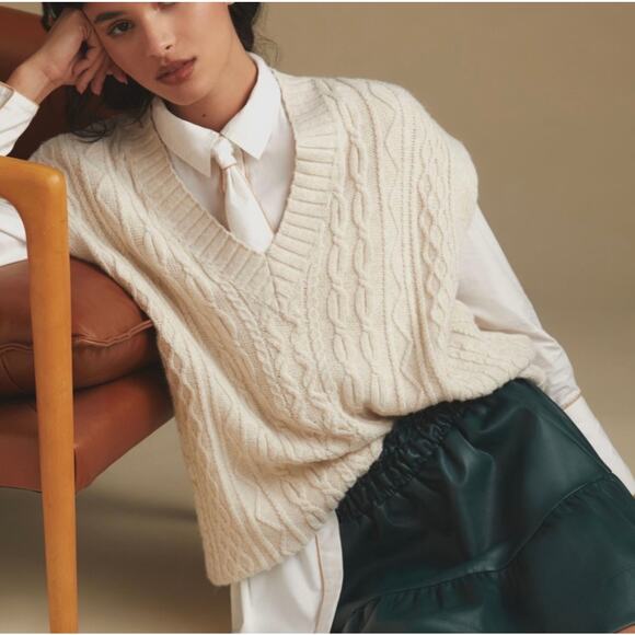 By Anthropologie | Ivory Oversized Preppy Cable Knit Sweater Vest XXS - Picture 3 of 15